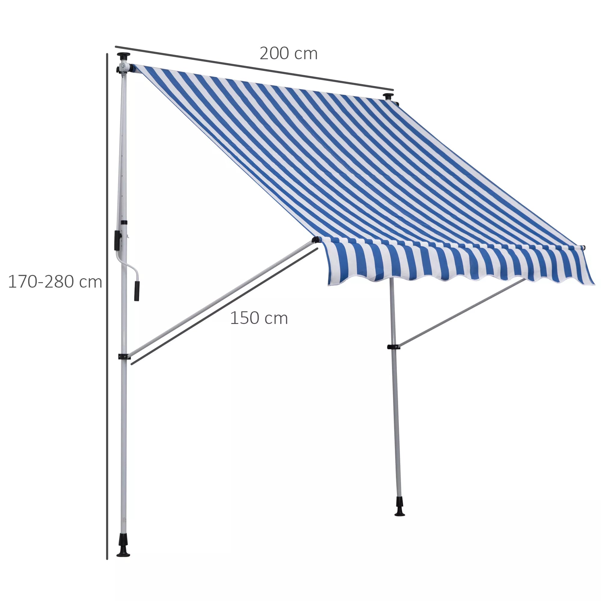 Balkono markizė su rankine svirtimi ir reguliuojamu aukščiu, tvirtinama tarp lubų ir grindų apsauga nuo saulės, aliuminis ir poliesteris, 1,5 m, mėlyna ir balta
