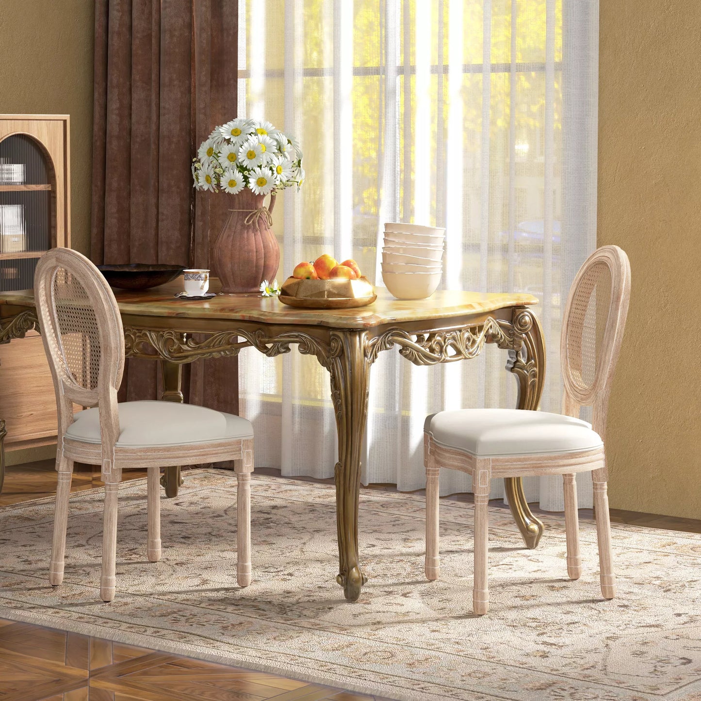 HOMCOM 2 vnt. Valgomojo kėdžių komplektas Virtuvės kėdės, Vintažinis dizainas, Rotango rašto imitacija, Natūralios spalvos + Kreminė