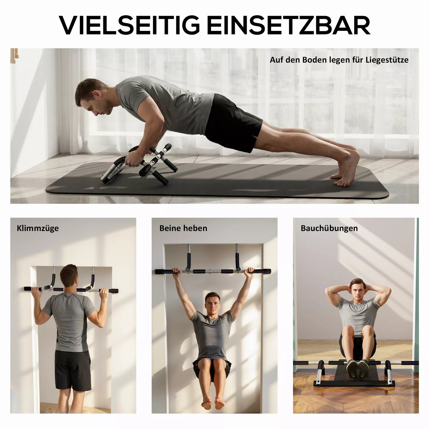 Prisitraukimo strypas, treniruočių laikiklis, daugiafunkcinis durų skersinis, plienas, putplastis, 92 x 40 x 17 cm, juoda+pilka