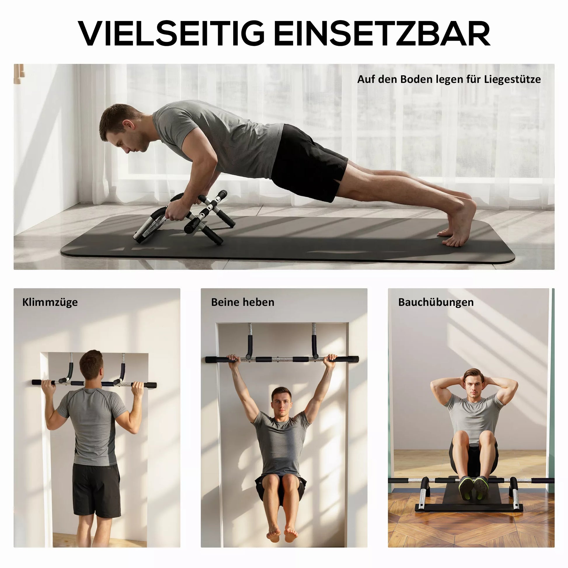 Prisitraukimo strypas, treniruočių laikiklis, daugiafunkcinis durų skersinis, plienas, putplastis, 92 x 40 x 17 cm, juoda+pilka