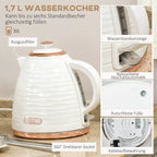 Infografika: kreminės spalvos virdulys su 1,7 l talpa, vandens lygio rodokliu ir filtru