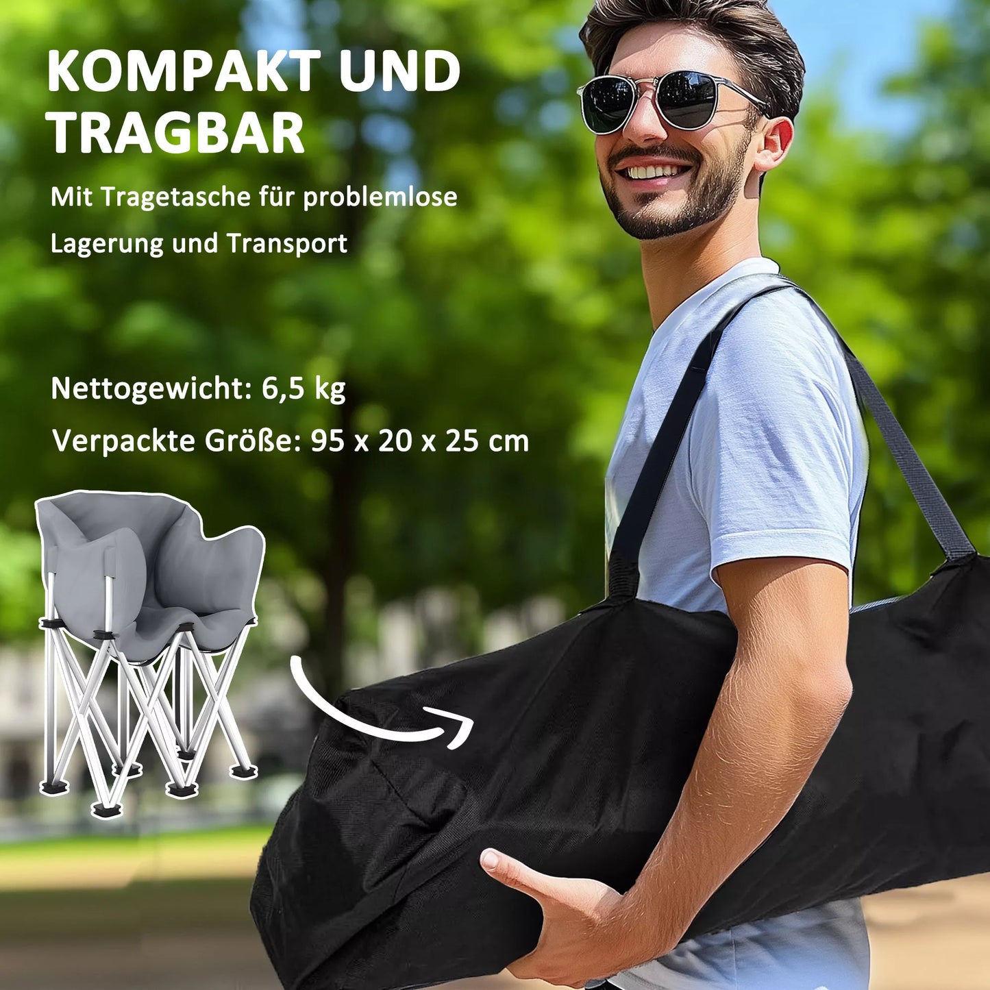 Sulankstoma 2 vietų kempingo kėdė su porankiais, šonine kišene, atlaiko iki 240 kg, pilka