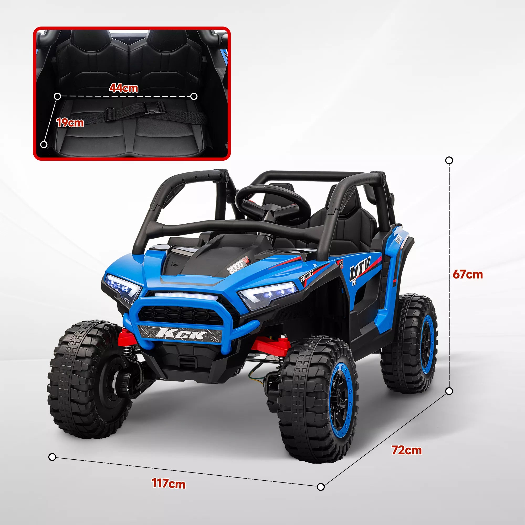 Vaikų automobilis „Elektro-UTV“, 5–7 km/h, 2 vietos, nuotolinis valdymas, muzika, žibintai, 1 val. važiavimo trukmė, mėlynas