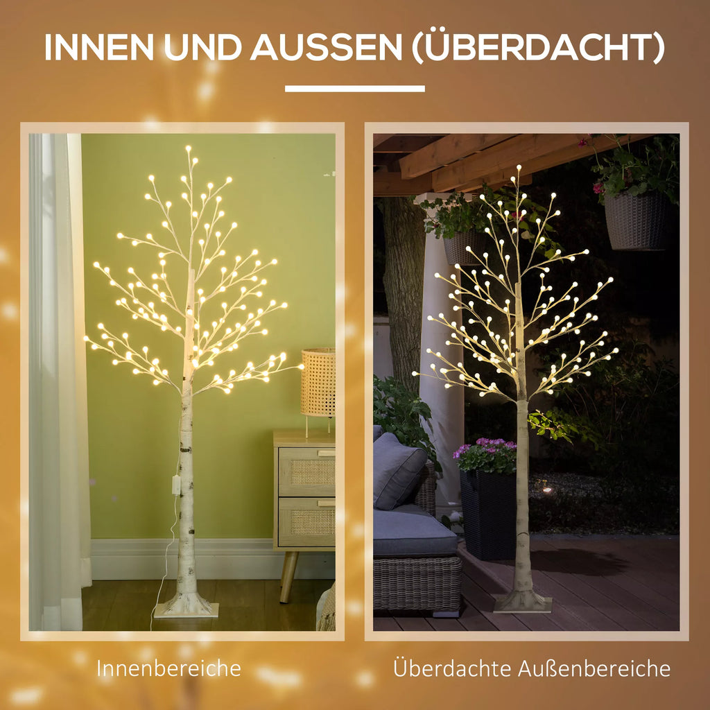 Dirbtinė beržo medelė su 120 LED lempučių, 3 šviesumo pakopomis, sulankstomomis šakomis, IP44, 150 cm, Balta