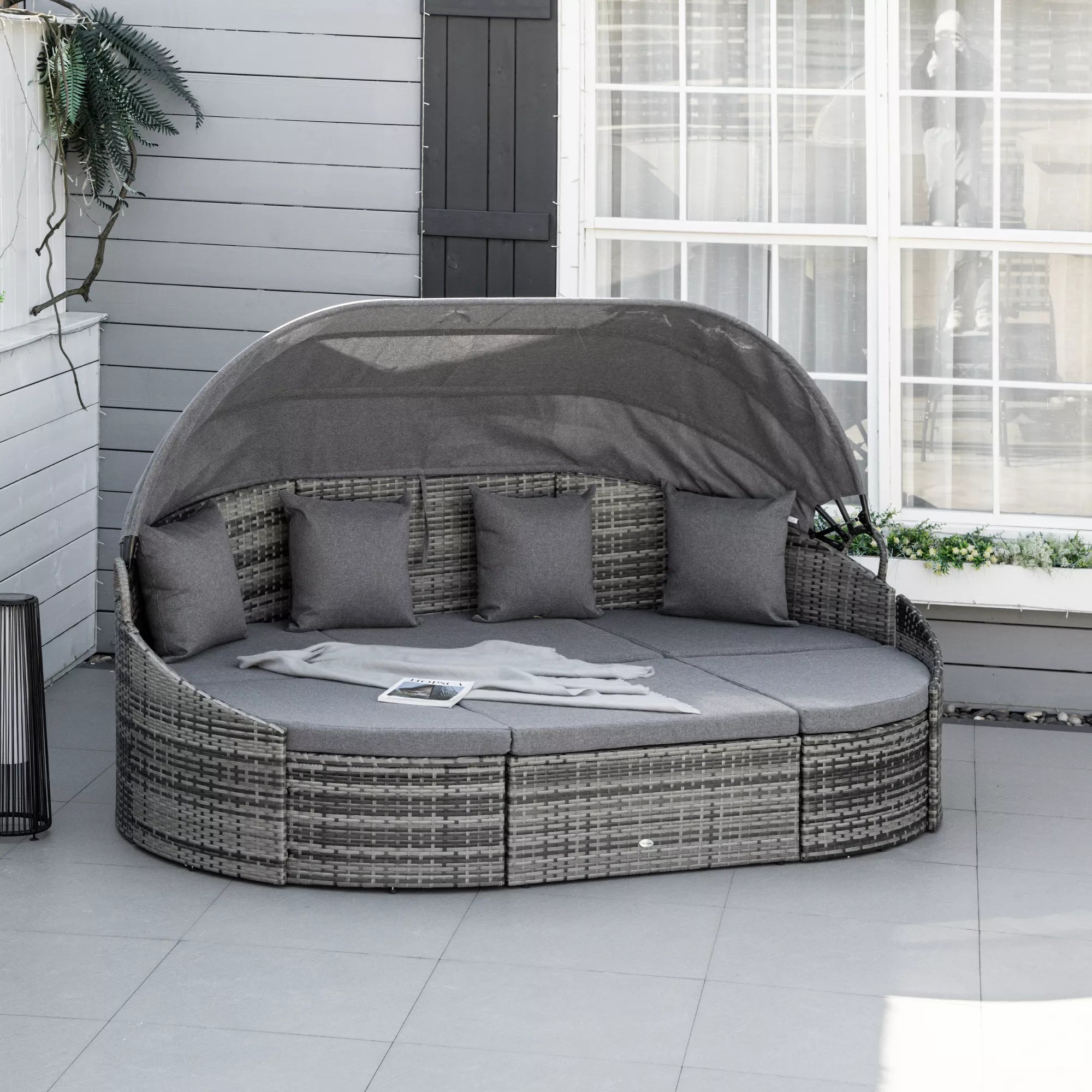 Rattan Saulės sala 4 dalių gultų sala su saulės stogu Sėdimoji grupė 4 pagalvės Metalo Pilka 230 x 145 x 80 cm