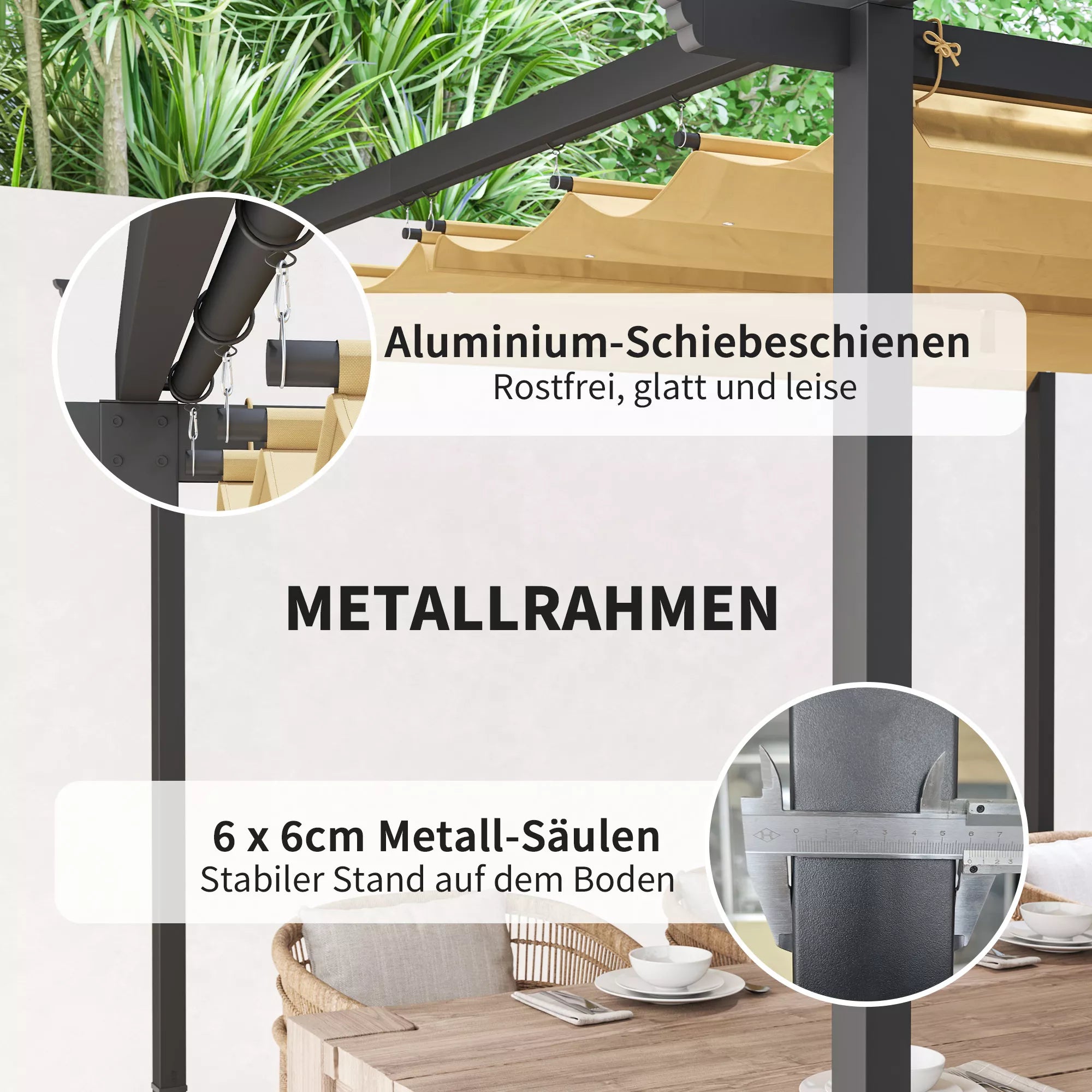 3 x 3 m sodo pergola su reguliuojamu stogu, metaliniu rėmu, UPF30+ apsauga, saulės stogu verandoje, terasoje, smėlio spalvos