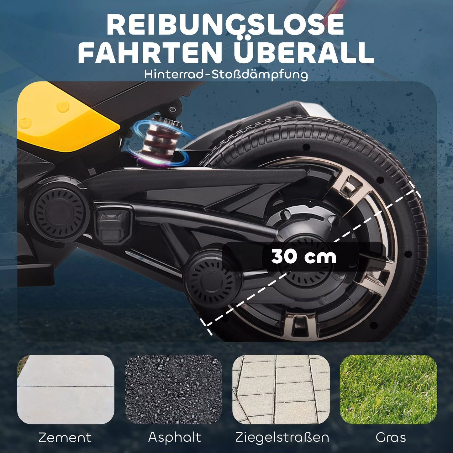 Elektrinis vaikų transporto priemonė, atvirkštinio triratuko dizainas, baterijinis maitinimas, MP3 grotuvas, signalinis ragelis, 2 greičiai, LED žibintai, 3–8 metai, geltona spalva