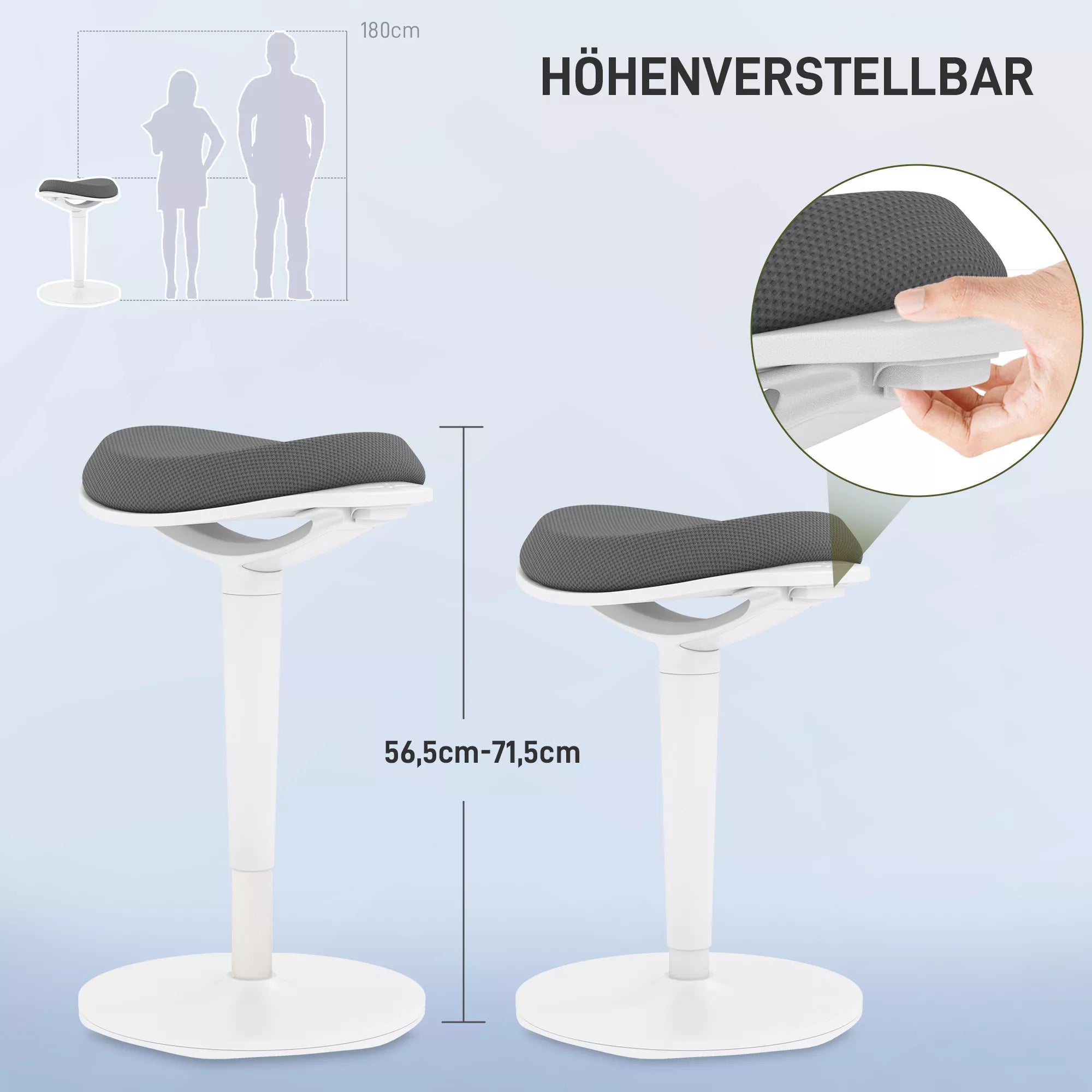 Biuro taburetė, ergonomiška pusiau stovima kėdė, reguliuojamo aukščio, iki 120 kg, 42,5 x 35,5 x 56,5-71,5 cm, pilka