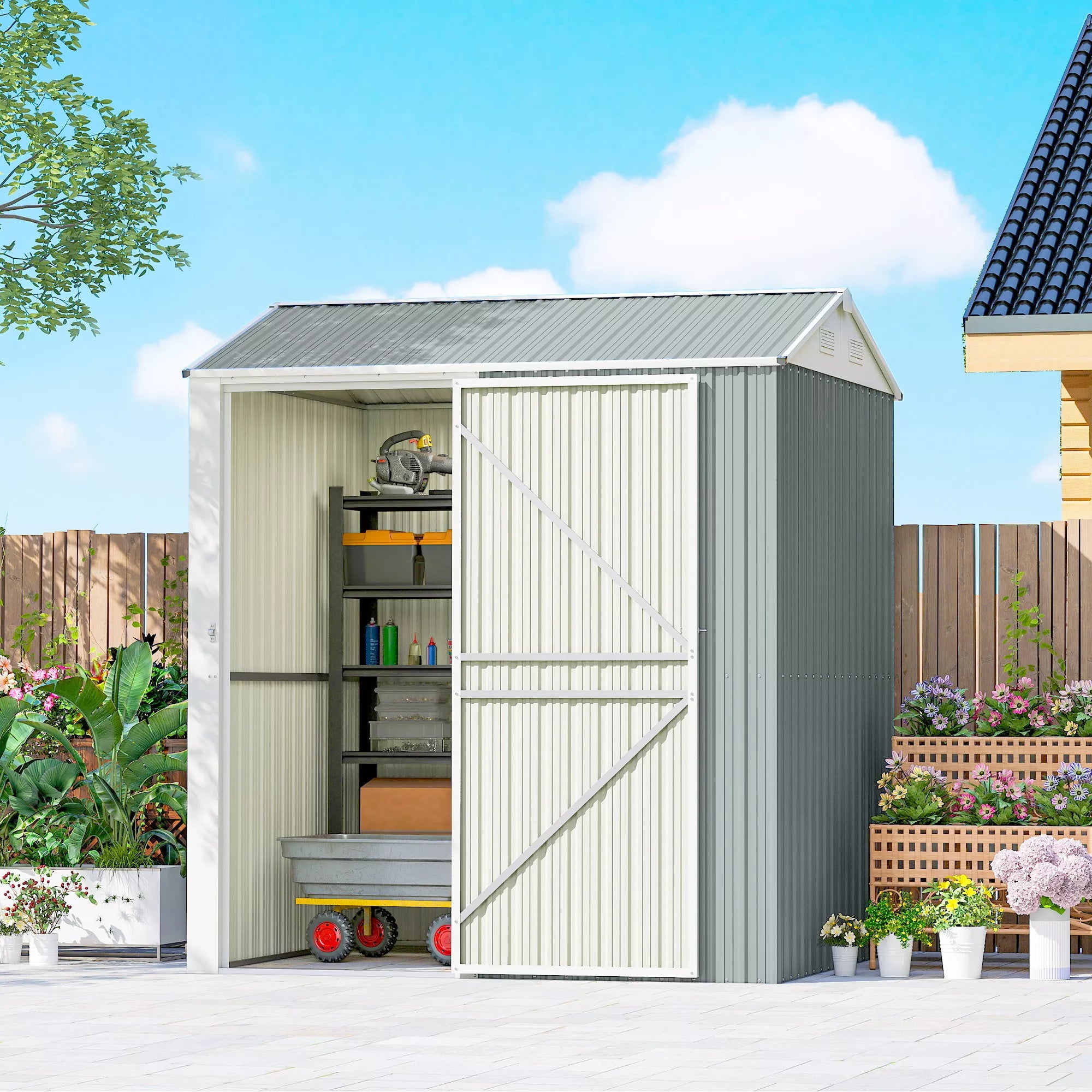 Metalinis įrankių sandėliukas 3,5 m², aukštas užrakinamas įrankių sandėliukas su dvišlaičiu stogu, ventiliacija, pirštinėmis, 209 x 177 x 236 cm