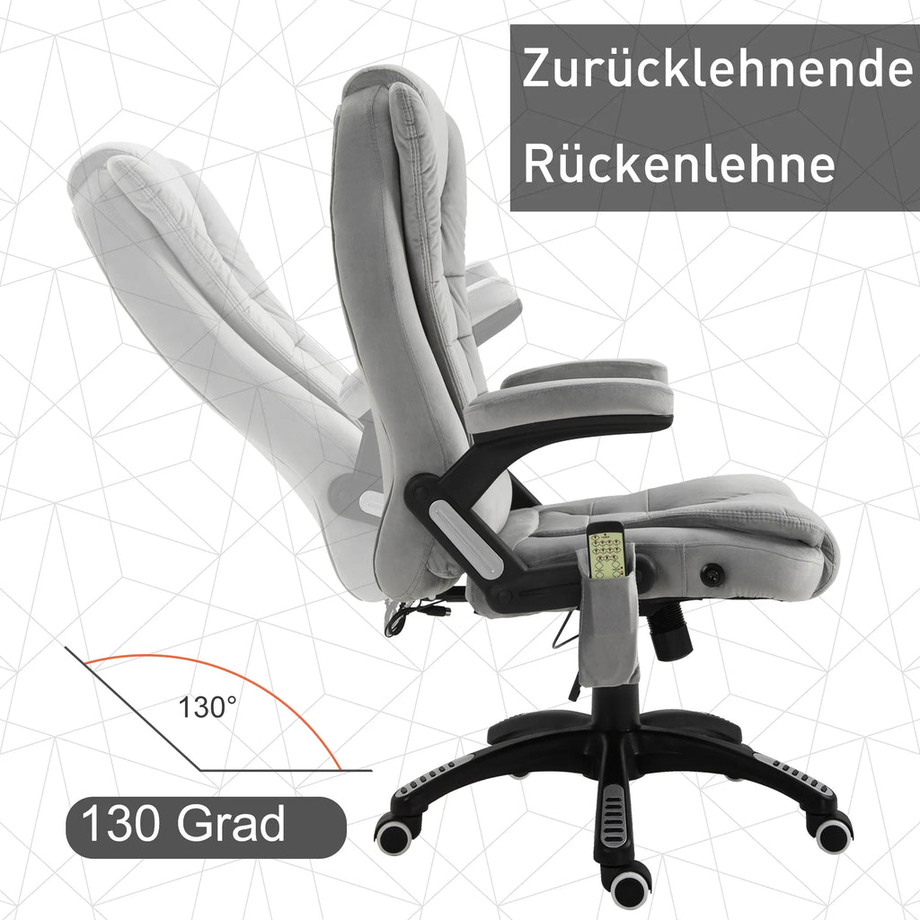 Biuro kėdė su masažo funkcija Ergonomiška vadovo kėdė su šildymo funkcija, atlošimo funkcija, supimosi funkcija Reguliuojamas aukštis 360° pasukama Kompiuterio kėdė su šonine kišene, aksomo išvaizda, pilka