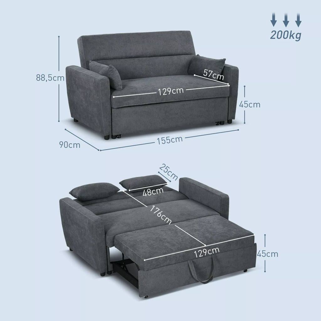 Miegamoji sofa, 2 vietų, išlankstoma, iki 200 kg, medinis rėmas, 155x90x88,5cm, tamsiai pilka