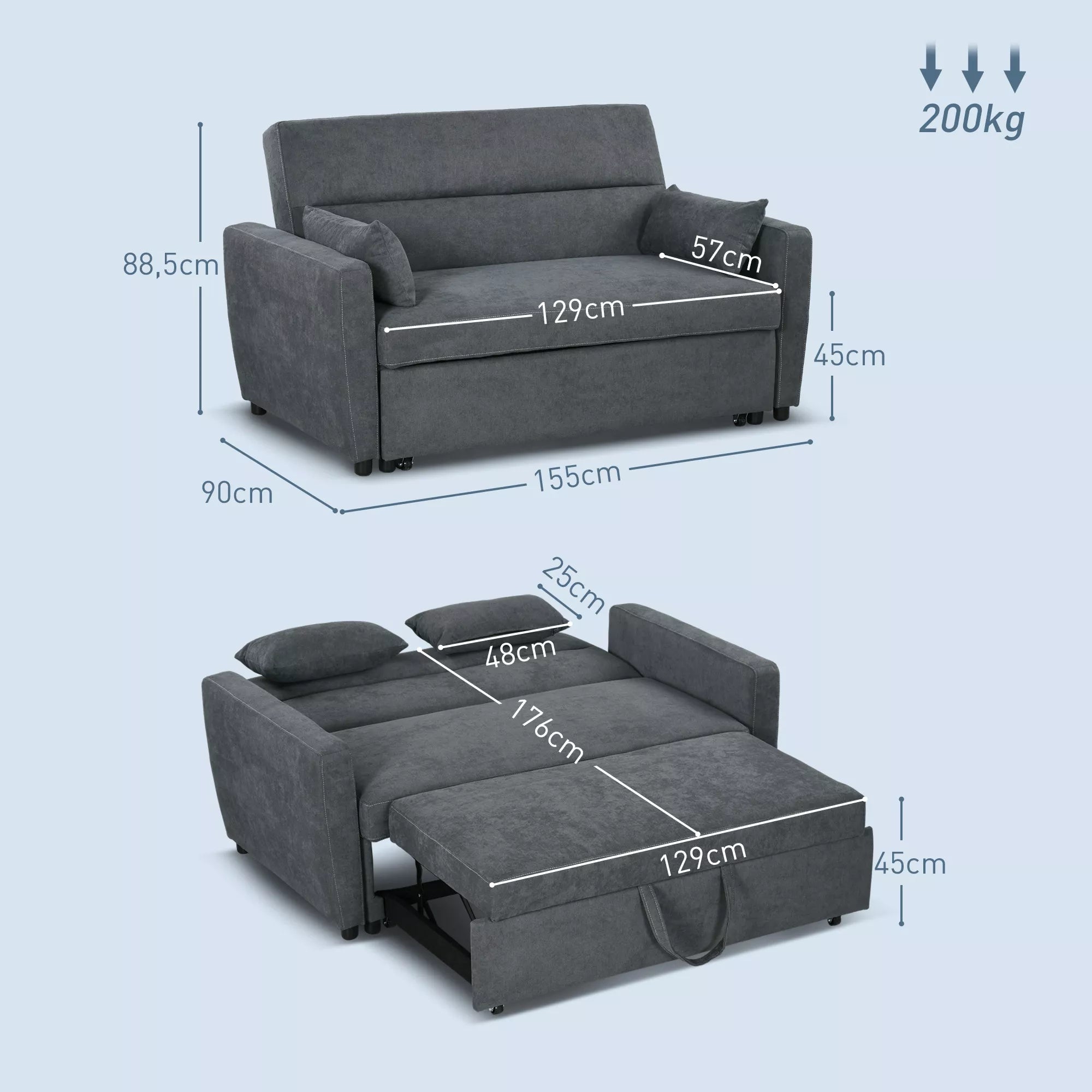 Miegamoji sofa, 2 vietų, išlankstoma, iki 200 kg, medinis rėmas, 155x90x88,5cm, tamsiai pilka
