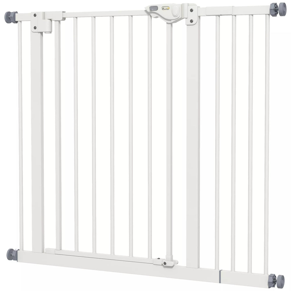 Durų apsauginės grotelės šunims, užtvaros, apsauginės grotelės naminiams gyvūnams, metalas, plastikas, 74–80/87–94 cm, baltos spalvos