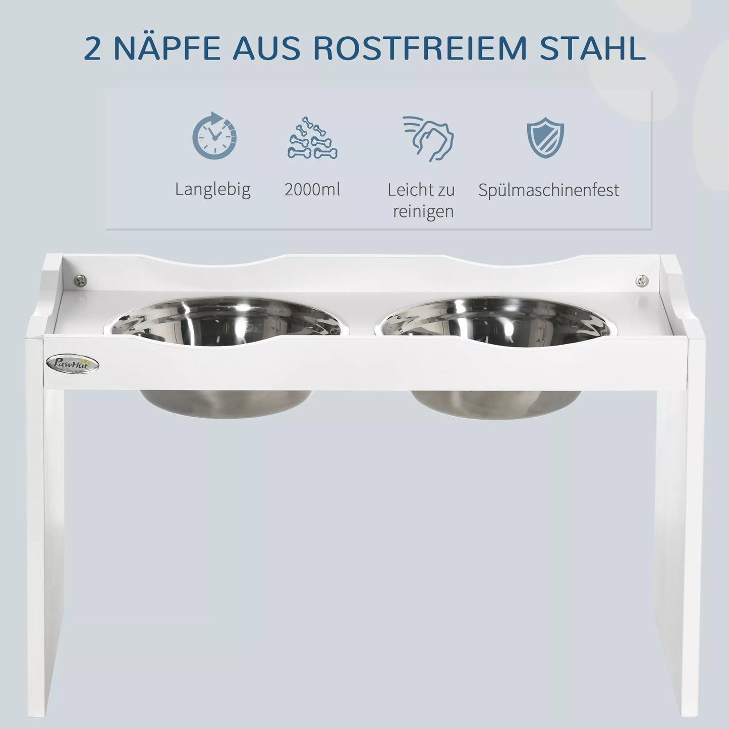 Maitinimo stotelė, stovas dubenėliams, 2 maitinimo dubenėliai po 2 litrus, nerūdijantis plienas, dideliems šunims, balta spalva, 63 x 30 x 24 cm