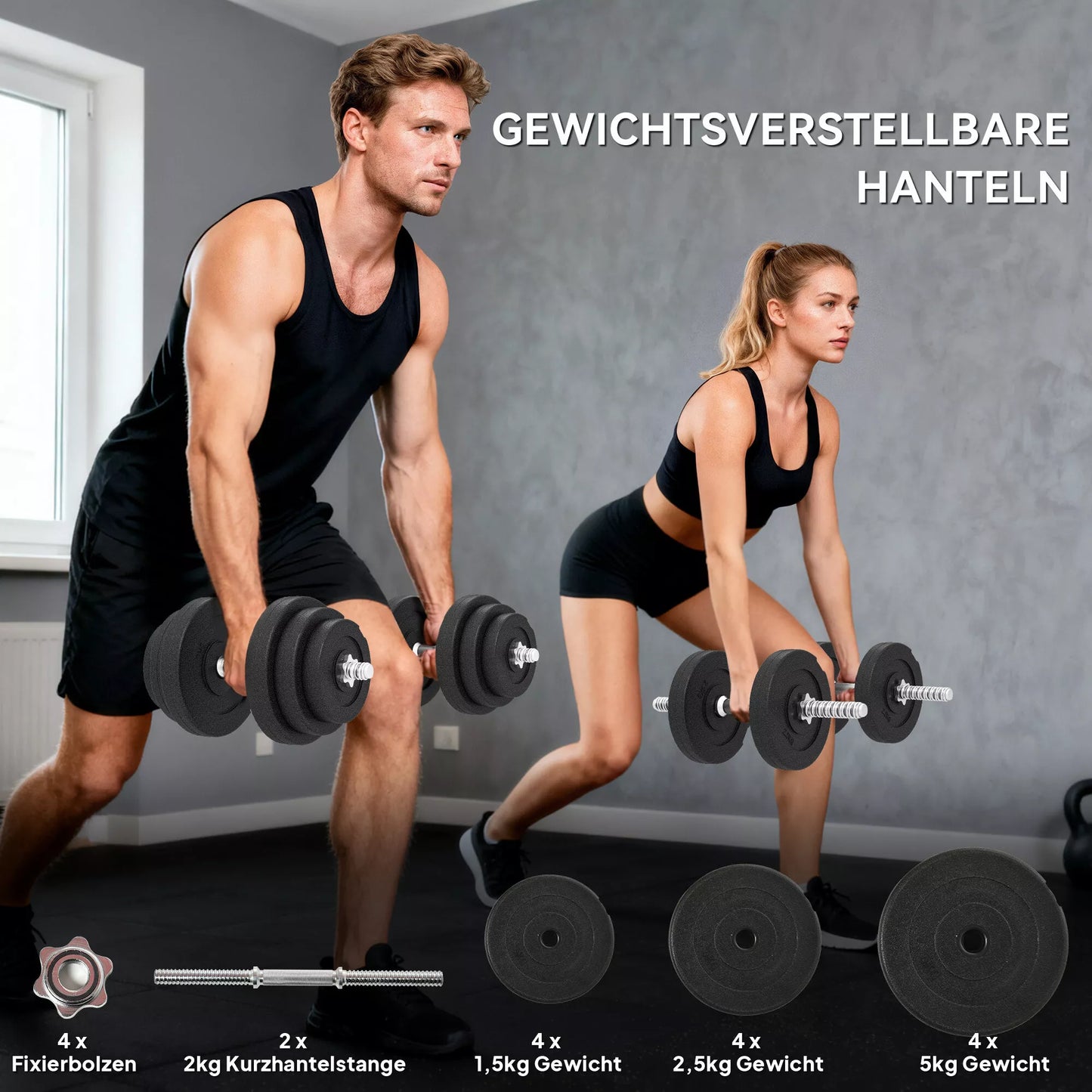 Hantelių rinkinys 40 kg, 2 metalinės rankenos, 12 hantelių diskų, apsaugo grindis, juodas