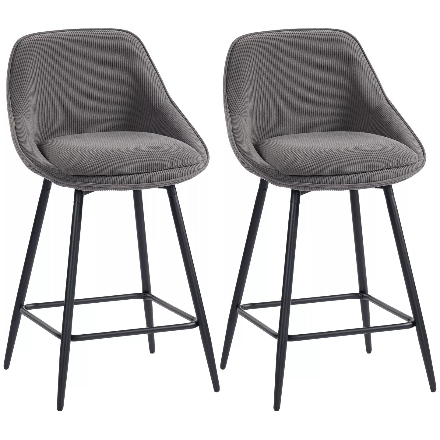 2 vnt. komplektas baro kėdžių su veliūro apmušalu ir plieninėmis kojelėmis, minkštos kėdės virtuvės salelėms, valgomajam, pilkos