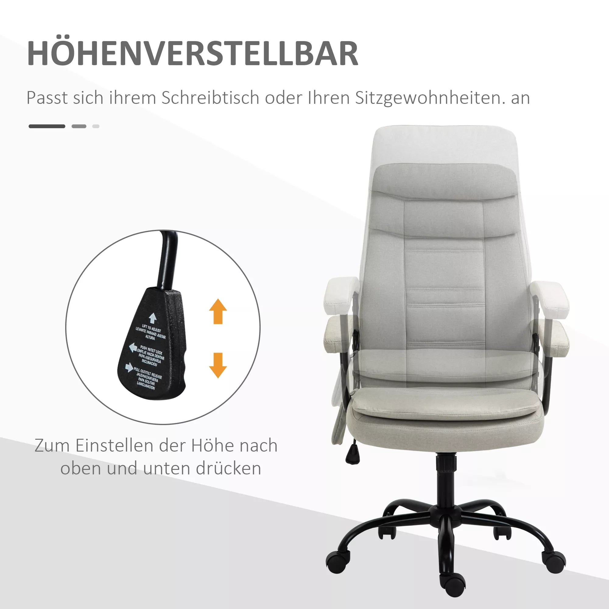 Biuro kėdė Masažinė aukščio reguliuojama vadovo kėdė Žaidimų kėdė su masažo funkcija, ergonomiška sukiojama kėdė Masažinė kėdė Juosmens masažas Lino tekstūra Smėlio spalva 63 x 70 x 112-121 cm