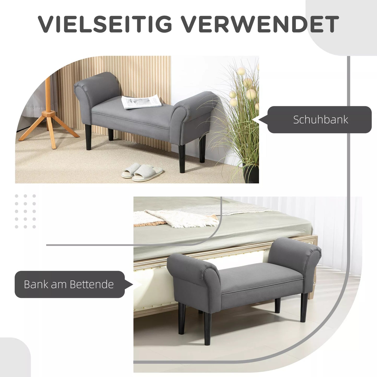 Sėdimoji suoliukas, suoliukas prie lovos, tvirta konstrukcija, minkštas paminkštinimas, 102x36x51 cm, Pilka