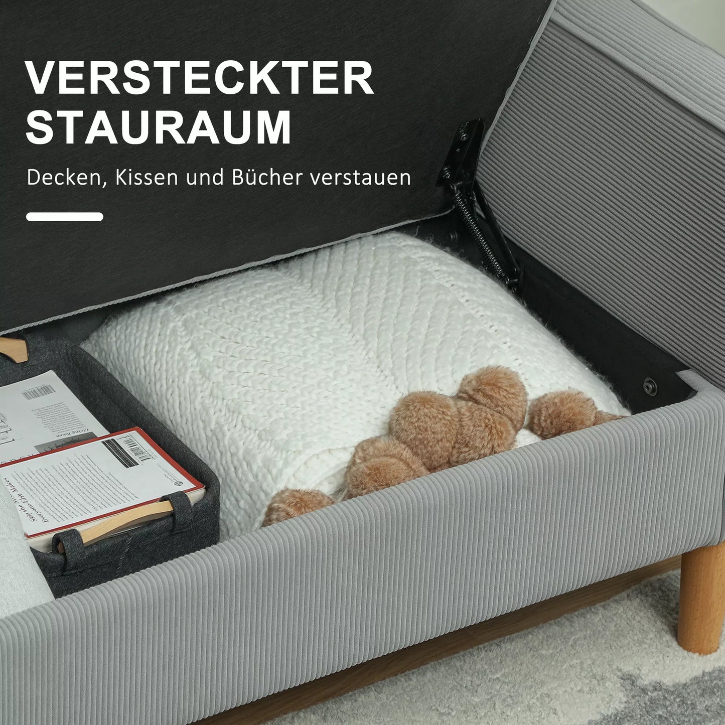 Dviejų vietų sofa su daiktadėže ir tvirtomis medinėmis kojomis, skirta svetainei, miegamajam, 117 x 63 x 79 cm, šviesiai pilka