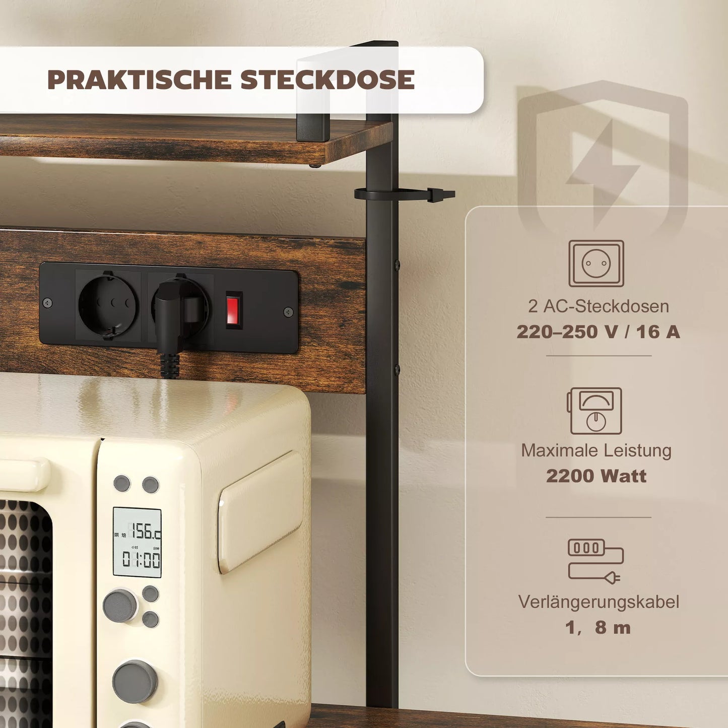 Virtuvinė pastatomos lentynos su 2 elektros lizdais, 5 S formos kabliukais, 5 lentynomis, krepšiu, X formos atramomis iš plieno, 90 x 42 x 130 cm