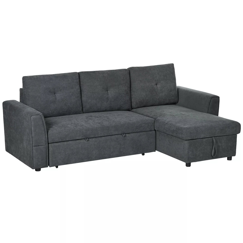 3 vietų sofa su lovos funkcija, miegamoji sofa su šezlongu, minkšta sofa, tamsiai pilka