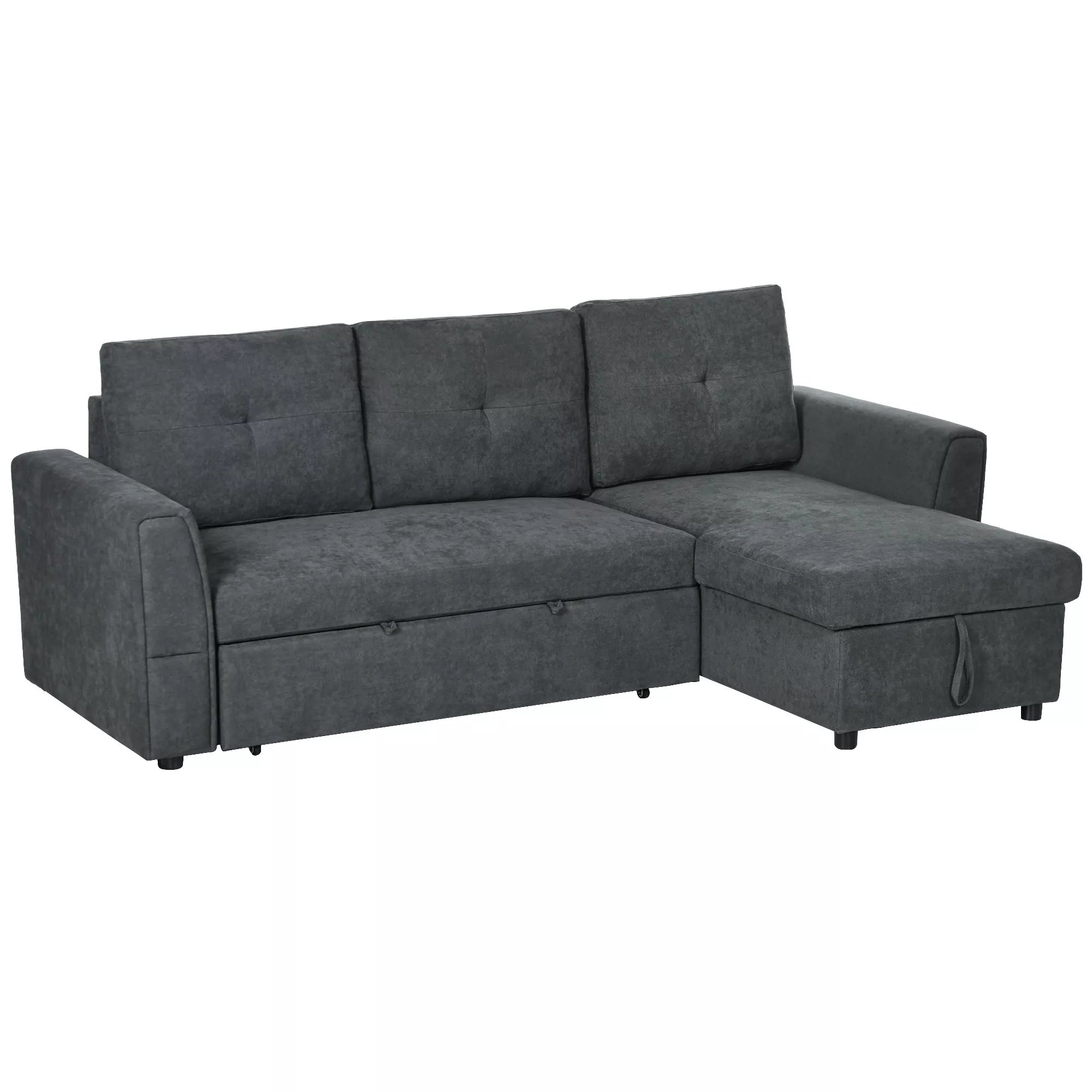 3 vietų sofa su lovos funkcija, miegamoji sofa su šezlongu, minkšta sofa, tamsiai pilka