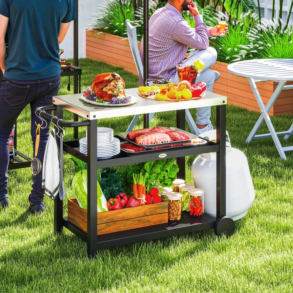 Grillwagen 3-Etagen Servierwagen mit Arbeitsfläche Ablagen Haken Räder, Edelstahl 102x50x81cm Kohlegrau