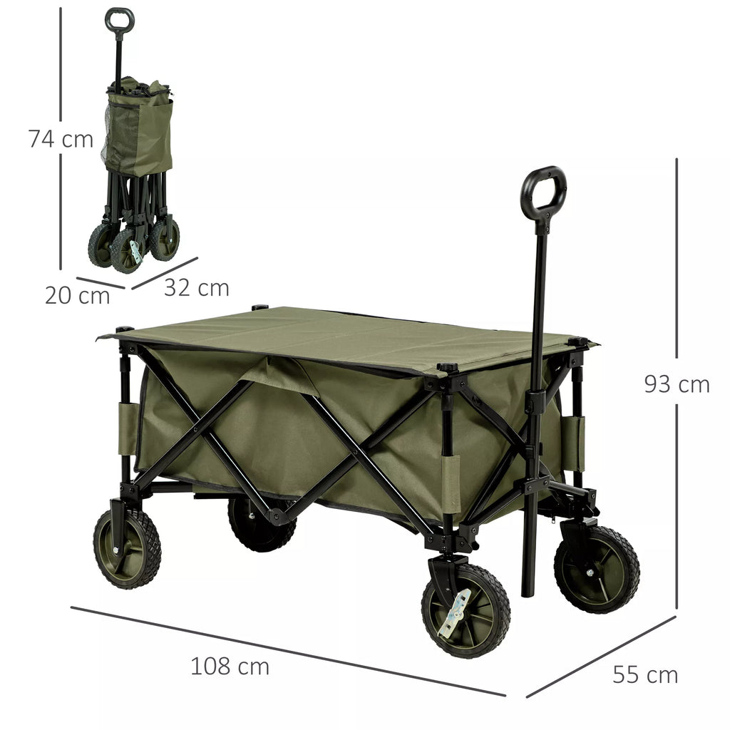 Sulankstomas vežimėlis, 5 šoninės kišenės, reguliuojama rankena, apkrova iki 120 kg, plienas, 108 x 55 x 93 cm, žalias