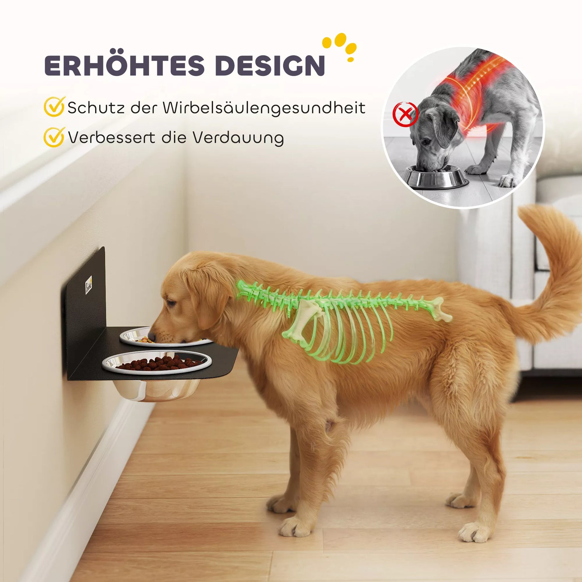 Šunų dubenėlis, reguliuojamas aukščio, tvirtinamas prie sienos, su 2 x 800 ml nerūdijančio plieno dubenėliais, 42 x 23,5 x 14 cm, juodas