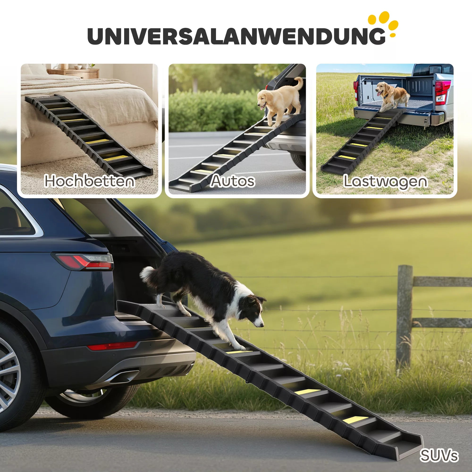 Sulankstomas šunų rampos laiptas Automobilių ir SUV neslidus šunų rampos laiptas dideliems ir mažiems gyvūnams iki 68 kg 154x40 cm Juodas