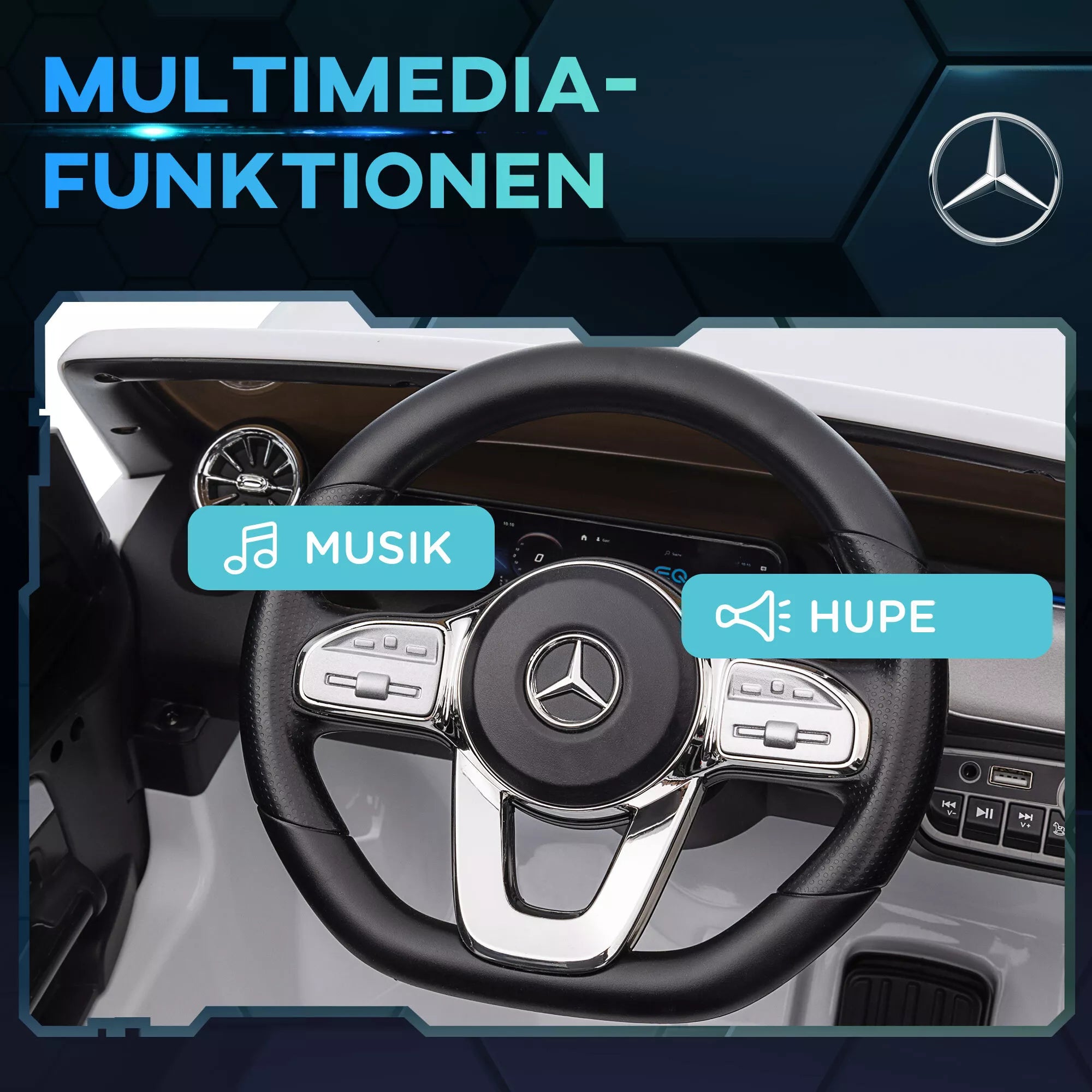 Elektrinis vaikų automobilis, licencijuotas „Mercedes-Benz EQA“, 3–8 km/h, muzika, žibintai, signalas, nuotolinis valdymas, baltas
