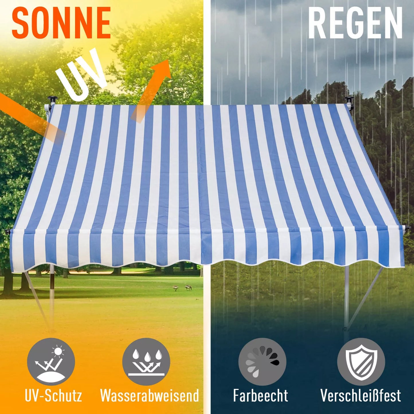 Įtempiama markizė su rankiniu užsukimu, reguliuojamo aukščio, su atlenkiama svirtimi, atspari nešvarumams, atspari oro sąlygoms, 150 cm pločio balkono markizė, terasos markizė terasai, balkonui, verandojei, mėlyna+balta