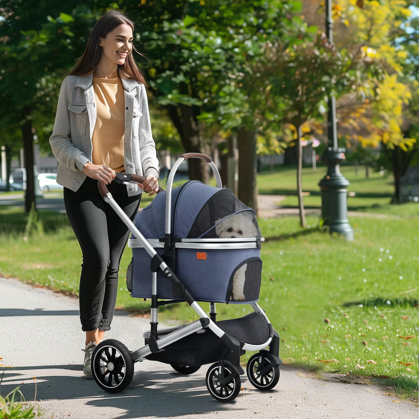 3 in 1 vežimėlis šunims ir katėms, sulankstomas, katėms iki 10 kg, su pagalvėle, puodelio laikikliu, tamsiai mėlynas