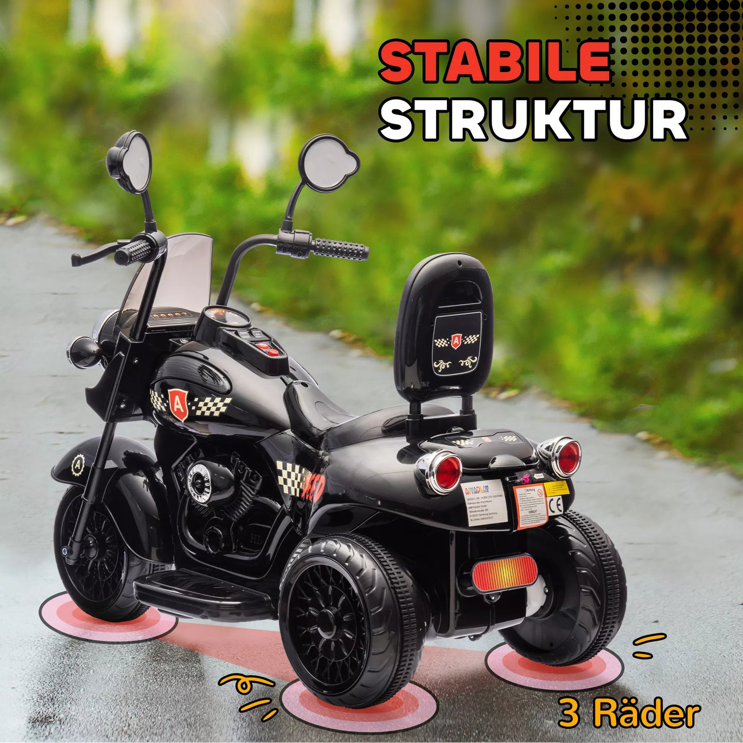 Elektrinis vaikiškas motociklas, 3-5 km/h, Chopper stiliaus, su šviesomis ir muzika, vaikams 3-6 metų, juodos spalvos