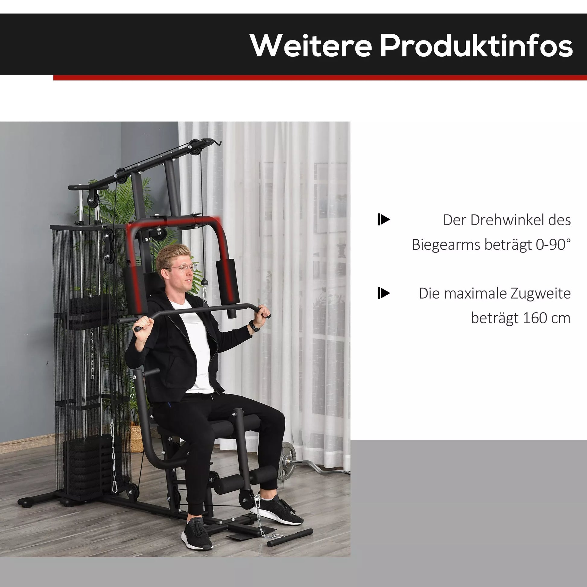 Jėgos stotis „Fitnessstation“ daugiafunkcinis treniruoklis jėgos treniruotėms su virve, 45 kg svarmenimis, juodos spalvos