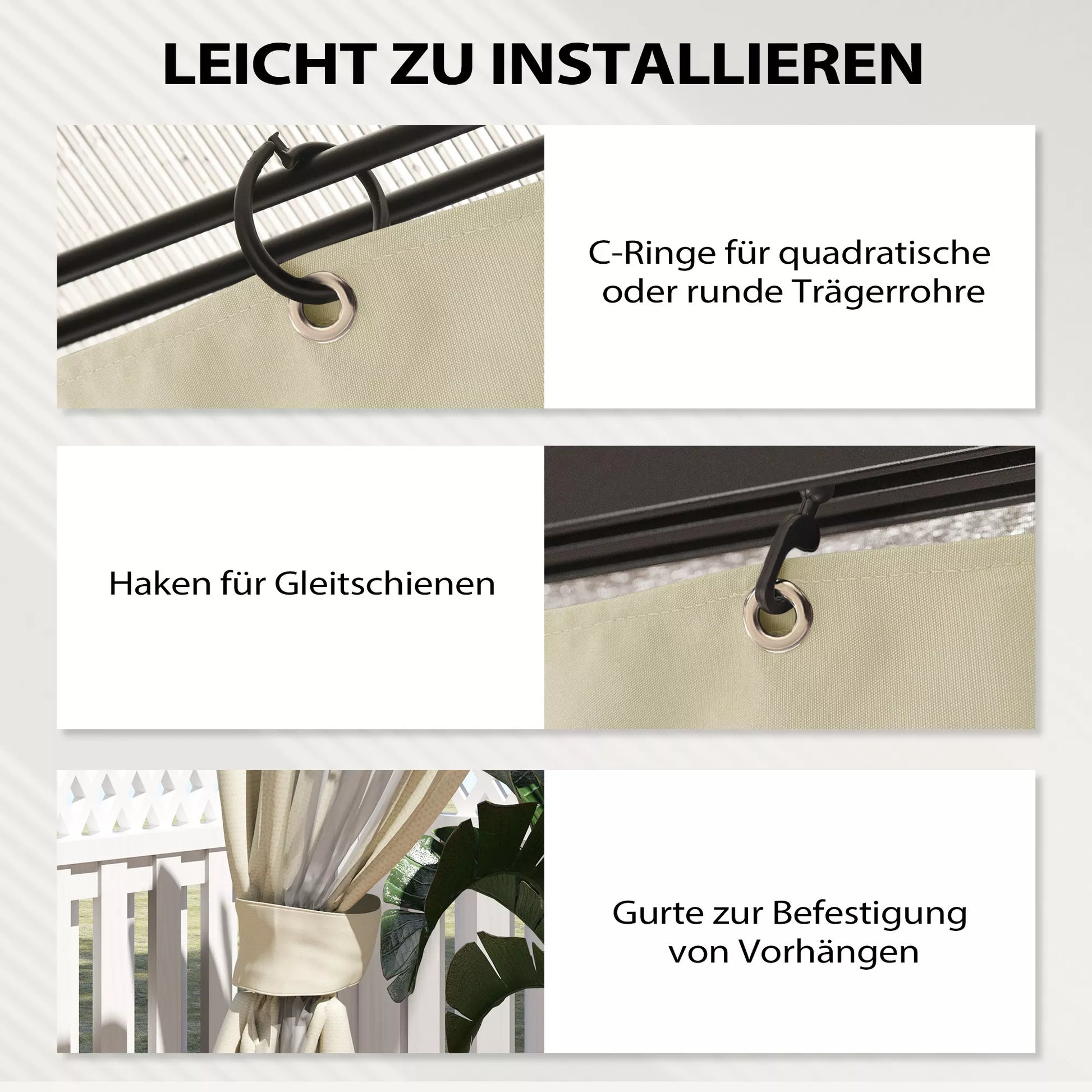 Pavėsinės sienelės-užuolaidos, 4 sienelių rinkinys su užtrauktukais, poliesteris, 3x4 m pavėsinei, kreminė balta