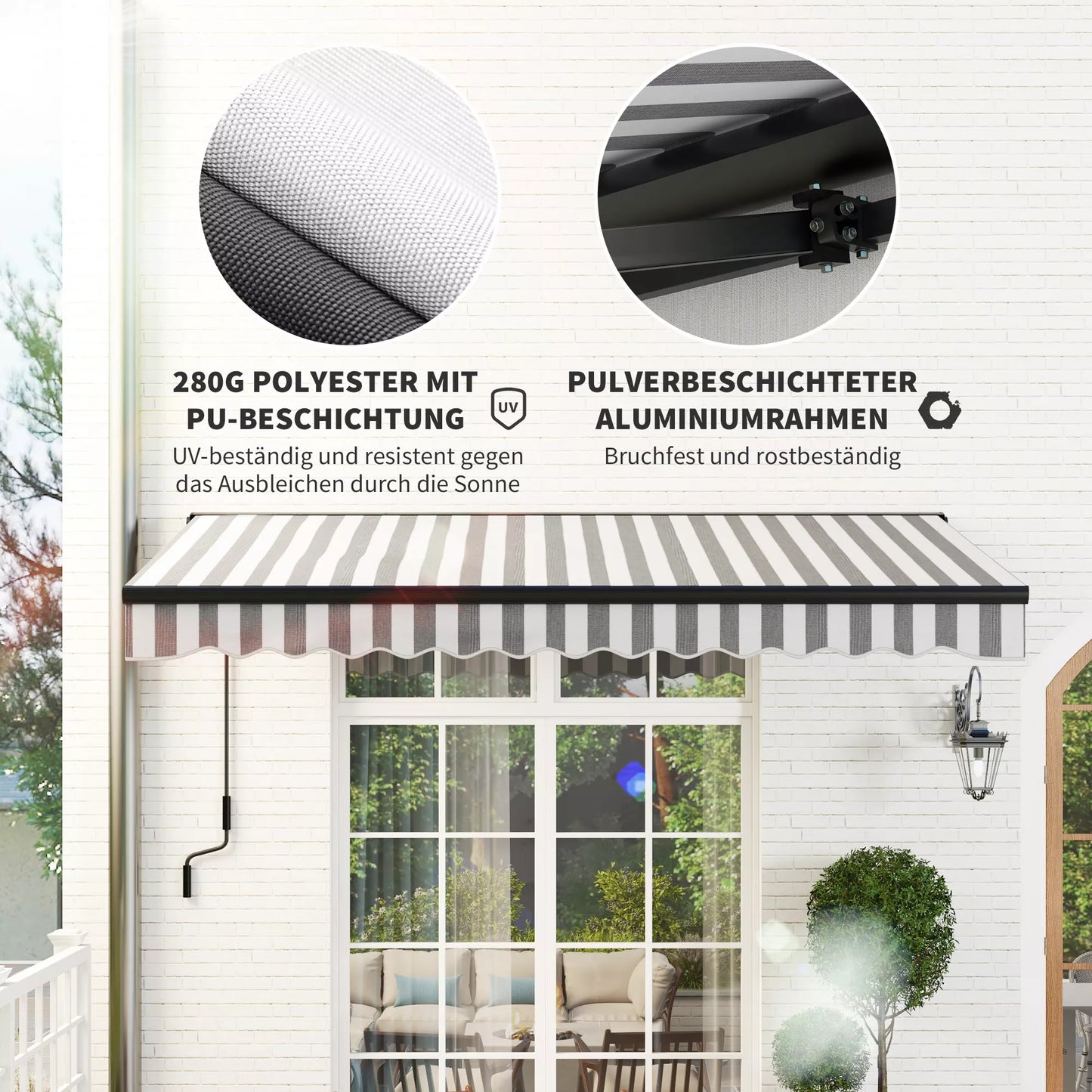 Terasos markizė, atspari oro sąlygoms, su 1 rankenėle, 395 x 250 x 150 cm, pilka + balta