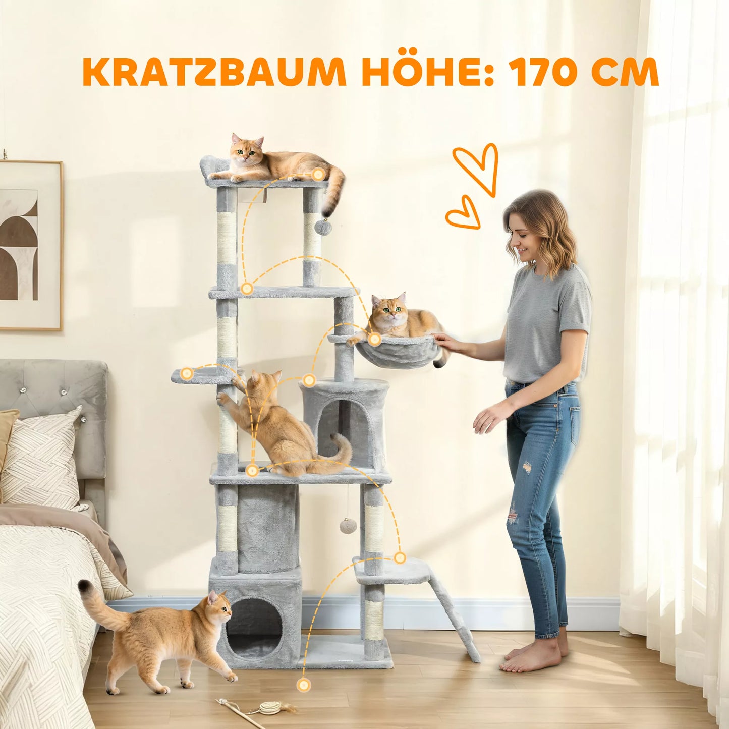 Kačių draskyklė, 170 cm, su tuneliu, nišomis, didele baze, sizaliniais stulpais, šviesiai pilka