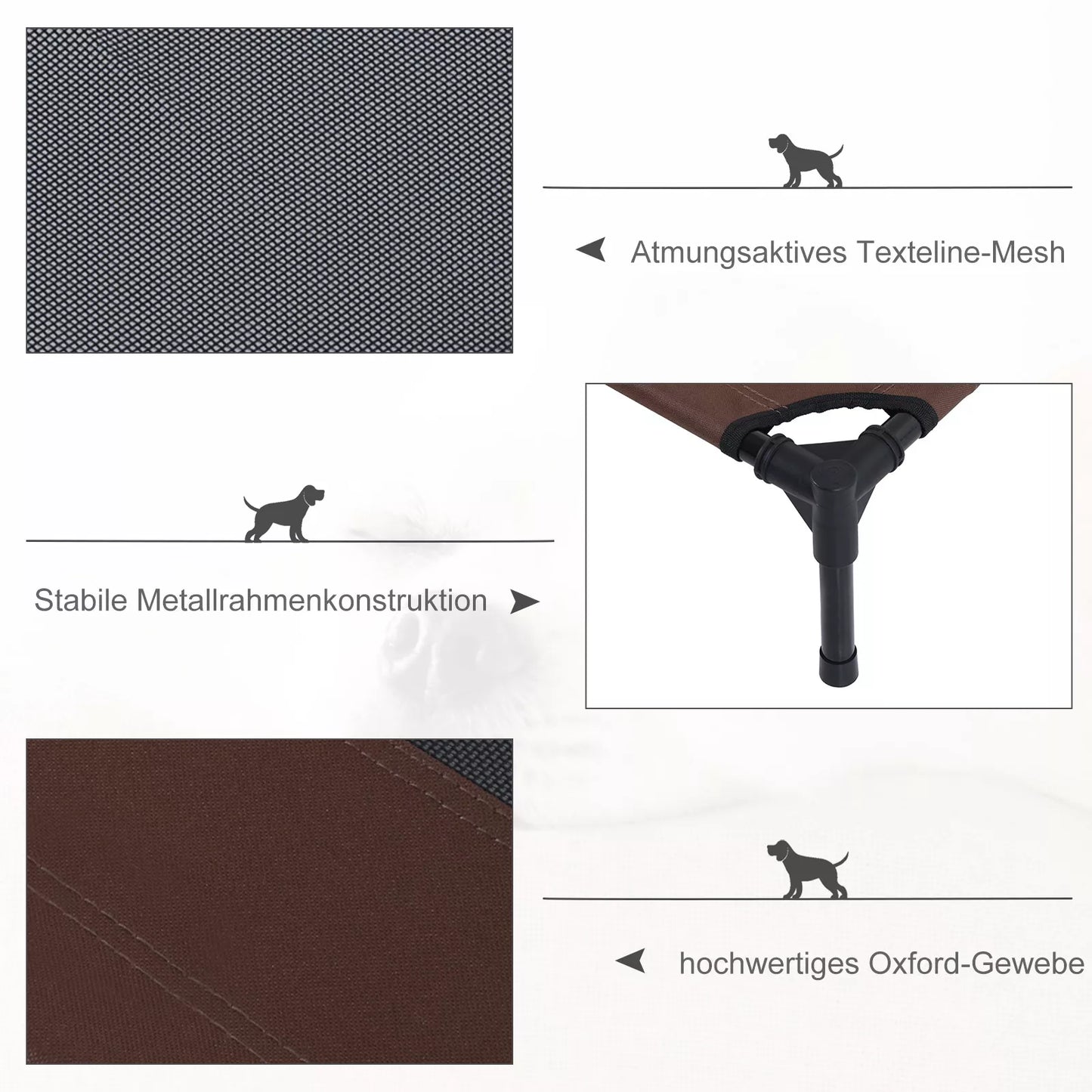 Lauko šunų gultas, Vėsinanti augintinio gulimoji vieta dideliems šunims, Paaukštinta šunų lova poilsiui su tvirtu metaliniu rėmu, Atsparus kvėpuojantis tinklelis sodui lauke, 92 x 76 x 18 cm, Kavos rudumo