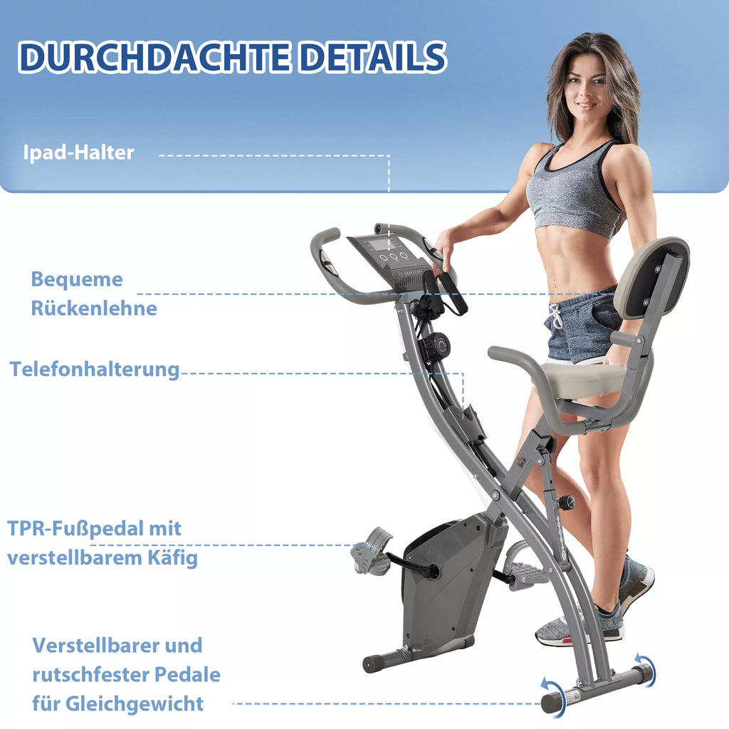 X-Bike 2-in-1 dviračių treniruoklis su LCD ekranu, širdies ritmo monitoriumi, sulankstomas namų treniruoklis su 8 pakopų magnetine varža, 1 poros pasipriešinimo gumos, plienas, pilka spalva, 105x48x118 cm