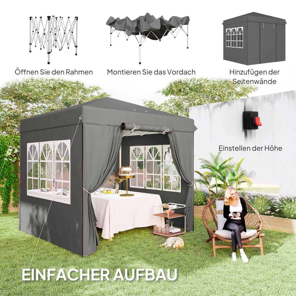 2,5 x 2,5 m Pop-up paviljonas su šoninemis sienelėmis ir transportavimo krepšiu, UPF50+ aukščio reguliavimo sodo palapinė, tamsiai pilka