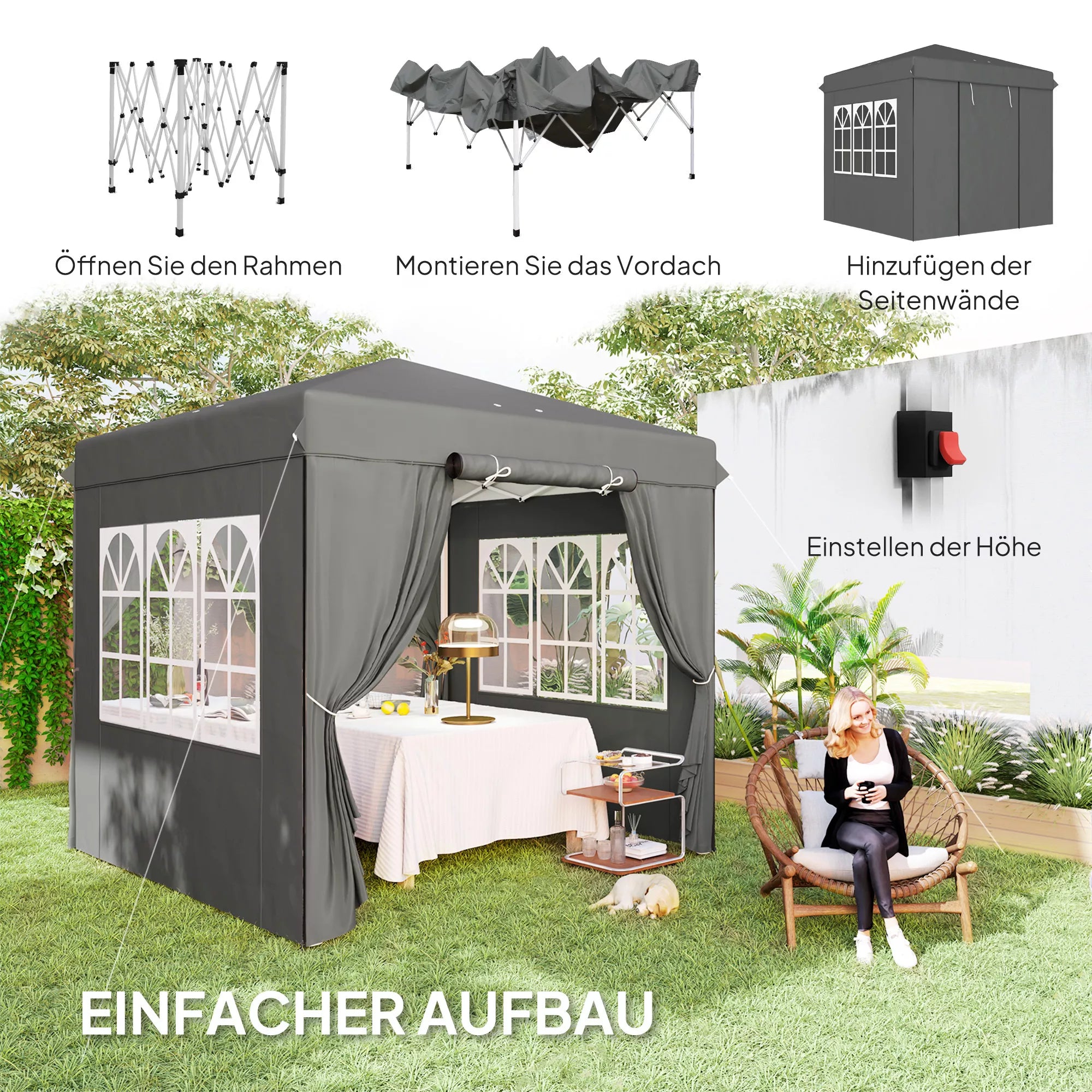 2,5 x 2,5 m Pop-up paviljonas su šoninemis sienelėmis ir transportavimo krepšiu, UPF50+ aukščio reguliavimo sodo palapinė, tamsiai pilka