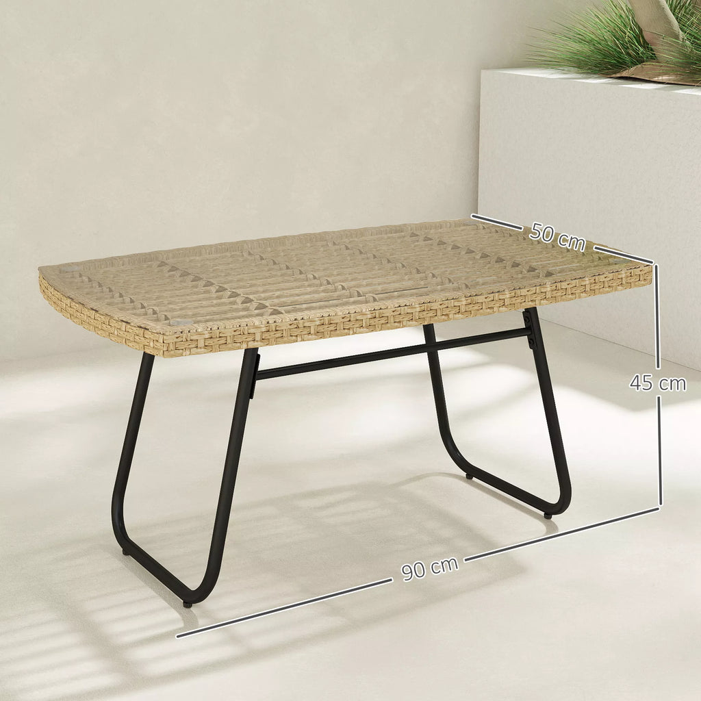 Polyrattan sodo stalas, 90 x 50 x 45 cm, atsparus UV spinduliams, pagalbinis stalas su stikliniu stalviršiu, natūralaus medžio