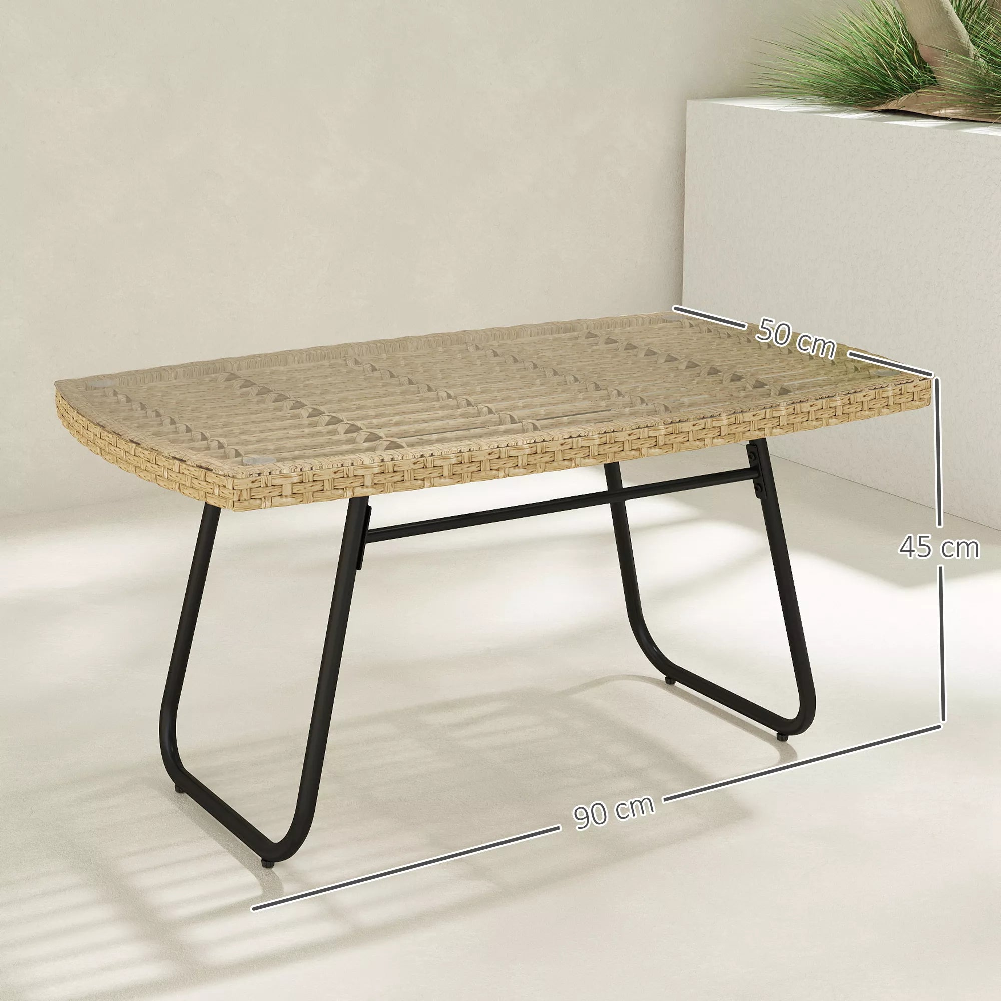 Polyrattan sodo stalas, 90 x 50 x 45 cm, atsparus UV spinduliams, pagalbinis stalas su stikliniu stalviršiu, natūralaus medžio