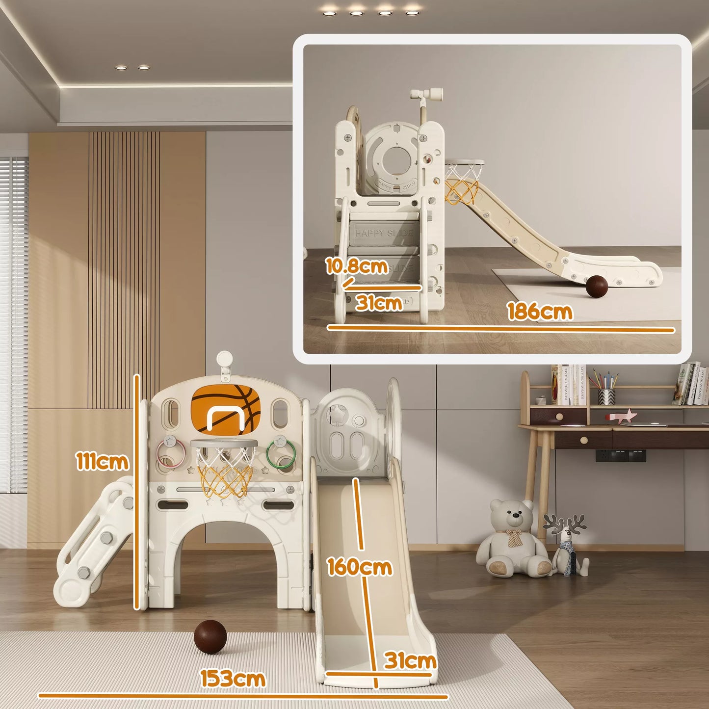 Vaikų žaidimų kompleksas, 7-in-1 čiuožykla, vidinė žaidimų aikštelė su daiktų saugykla ir ropojamuoju tuneliu, 186x153x111 cm, kreminės baltos spalvos