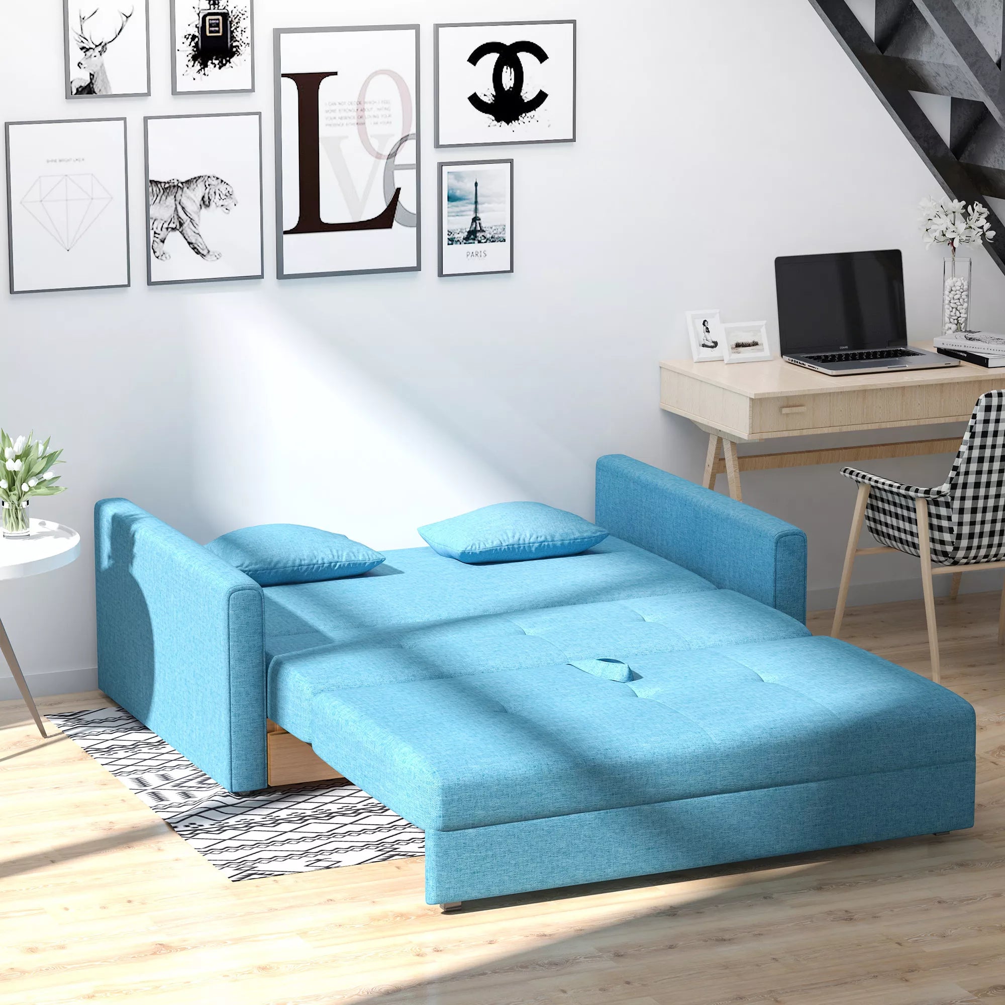 Sofa-lova, 2 vietų sofa, su paslėpta laikymo vieta, Poliesteris, Šviesiai mėlyna, 152 x 101 x 81cm