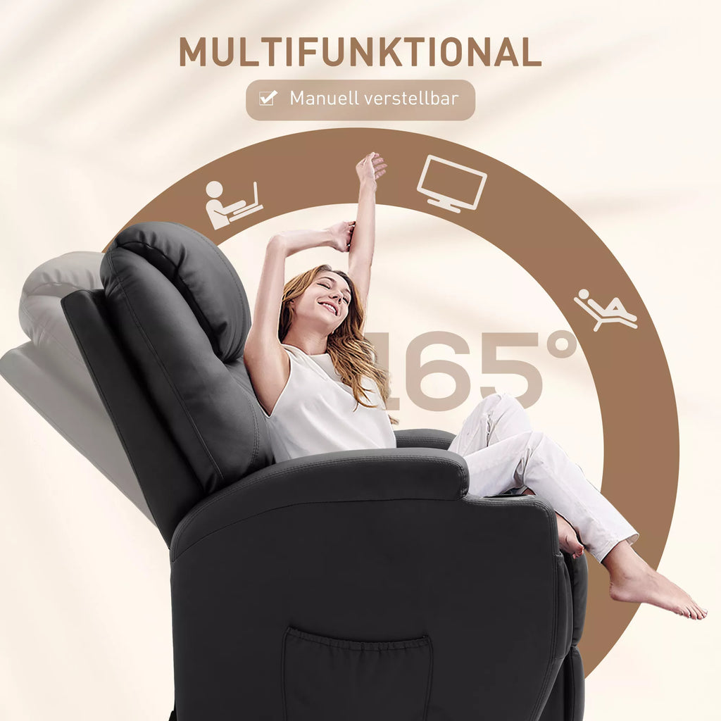 Elektrinis TV fotelis su masažo ir gulėjimo funkcija, pagalba atsikeliant, reguliuojama atlošo atrama, šonine kišene, puodelių laikikliu, atlaiko iki 160kg, skirtas svetainei, juodas
