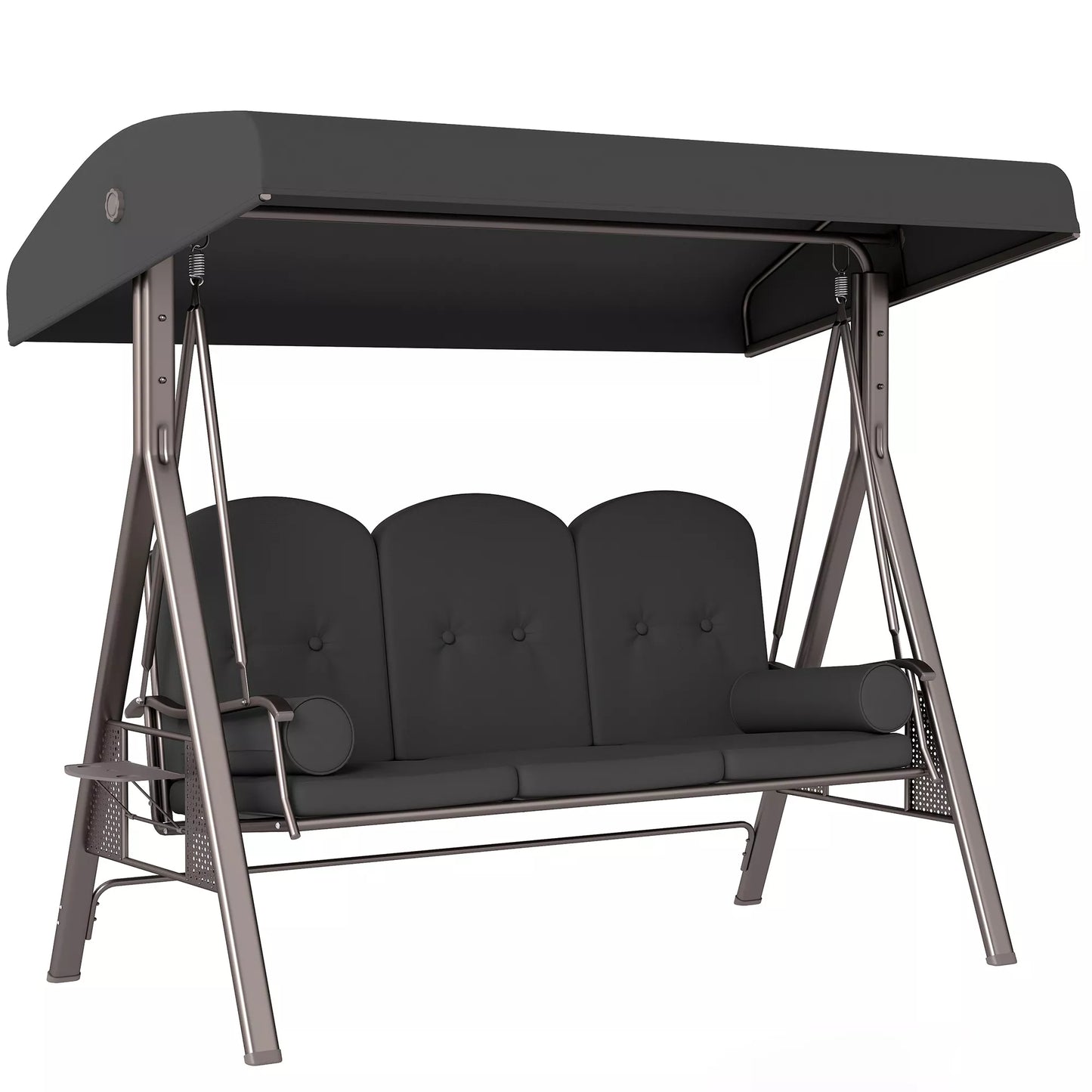 Sodo sūpynės tvirtos, trijų vietų su stogeliu, plienas ir poliesteris, iki 360 kg, tamsiai pilka