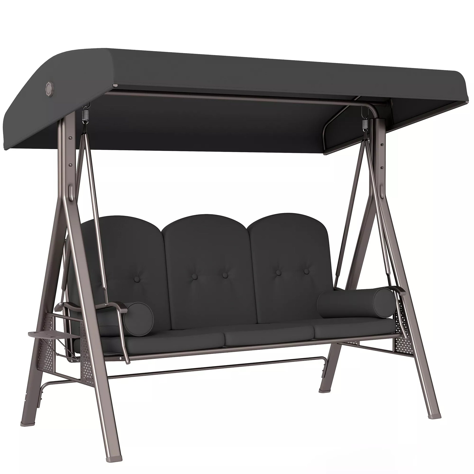 Sodo sūpynės tvirtos, trijų vietų su stogeliu, plienas ir poliesteris, iki 360 kg, tamsiai pilka