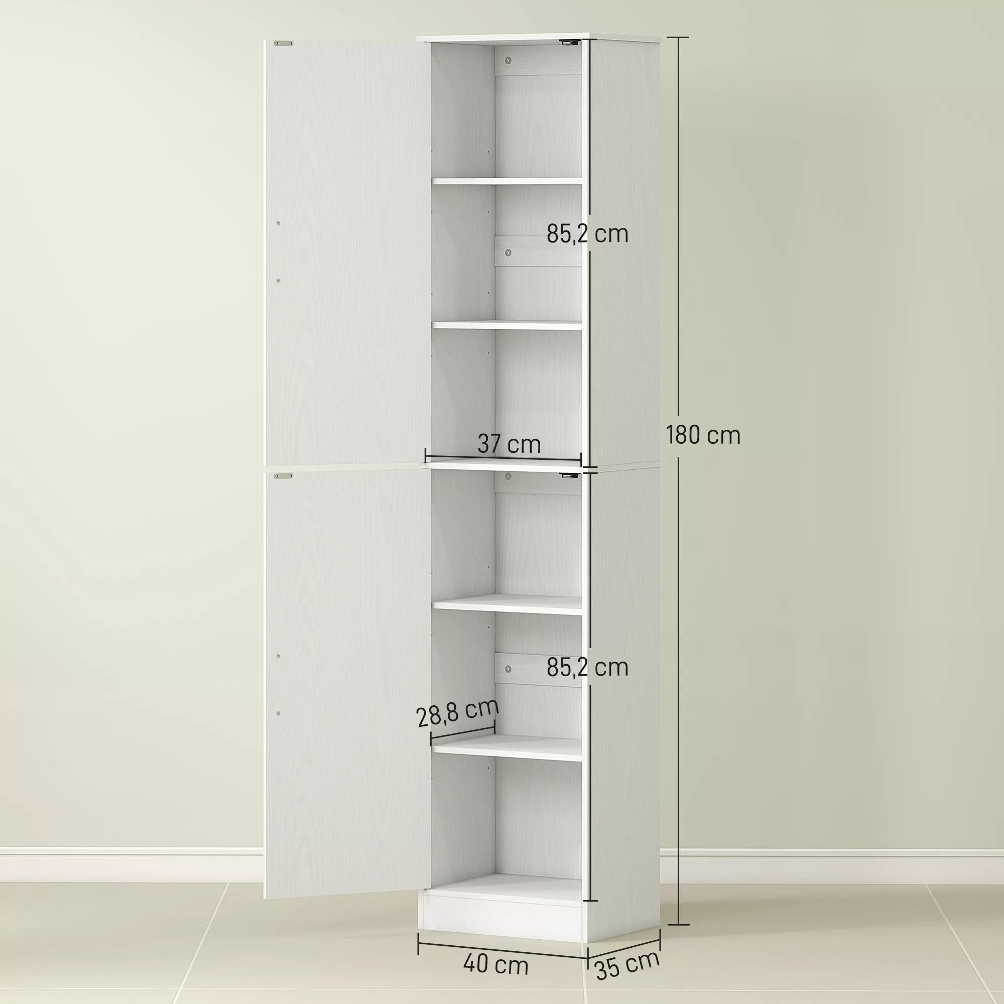 180 cm aukščio vonios spintelė, siaura vonios spintelė su 2 durelėmis, 4 reguliuojamomis lentynomis, medžio drožlių plokštė, MDF, Balta